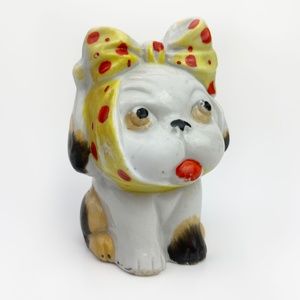 Vintage Ceramic Bulldog Figurine Anthropomorphic Dog Puppy Polka Dot with Bow